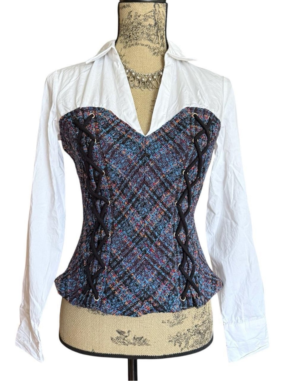 Venus White Button-Down Shirt with Blue Tweed Corset Overlay Size 4
